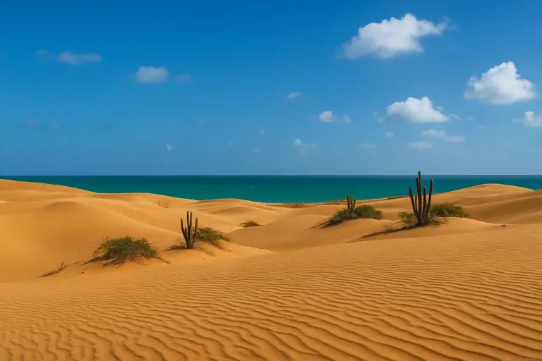 Dunas douradas do Deserto de La Guajira com cactos e mar do Caribe ao fundo, sob céu azul claro, norte da Venezuela.