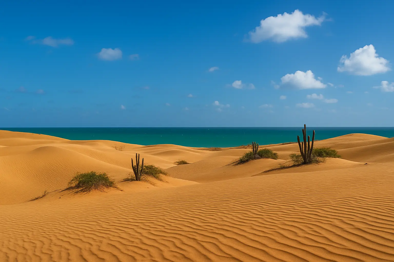 Dunas douradas do Deserto de La Guajira com cactos e mar do Caribe ao fundo, sob céu azul claro, norte da Venezuela.