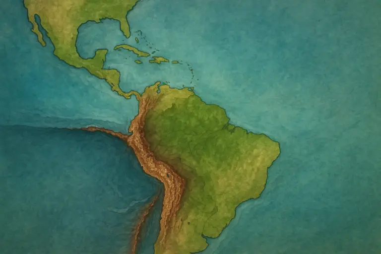 Mapa geológico ilustrado mostrando a formação do Istmo do Panamá e a conexão entre a América do Sul e a América do Norte, com destaque para o Oceano Pacífico e o Oceano Atlântico