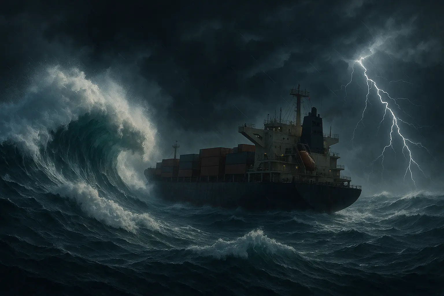 Cargueiro enfrentando ondas gigantes no Pacífico Norte durante tempestade violenta