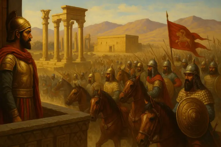 Pintura histórica do exército persa marchando sob liderança de Ciro, com ruínas de Persepolis ao fundo, representando a transição entre Pérsia e Irã