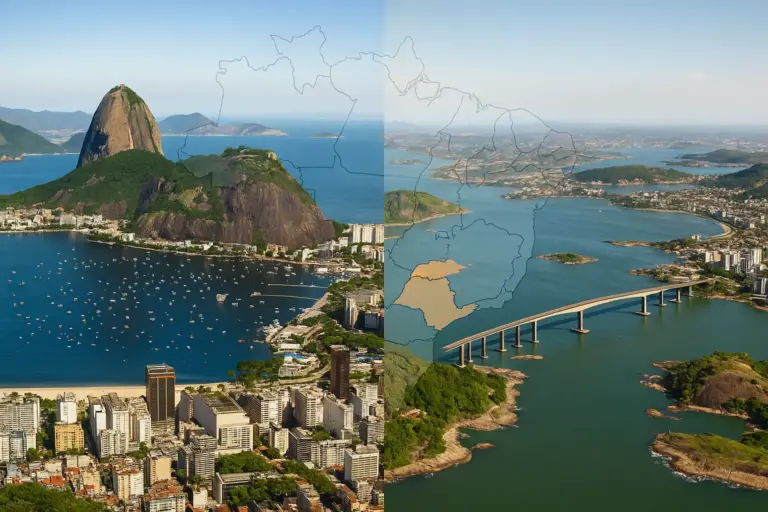 Rio de Janeiro vs Espírito Santo: mapa do Brasil com os dois estados destacados e vistas aéreas da Baía de Guanabara e da Baía de Vitória, ilustrando o contraste populacional e econômico