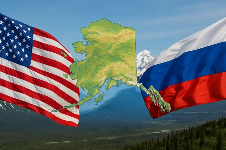 Mapa do Alasca entre as bandeiras dos Estados Unidos e da Rússia, com montanhas ao fundo, representando o impacto geopolítico da venda do Alasca.