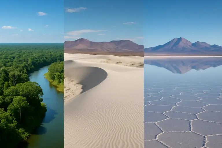 Paisagem com floresta amazônica, deserto costeiro e salar andino, representando bizarrices geográficas da América do Sul.