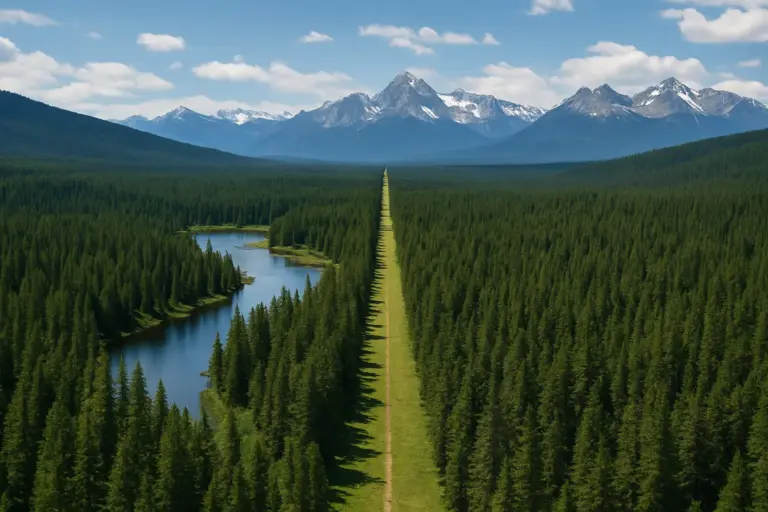 Aérea da fronteira EUA-Canadá: clareira de 6 m cortando floresta densa, lago à esquerda e Montanhas Rochosas ao fundo.