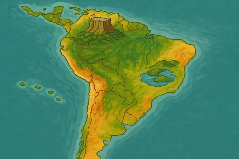 Ilustração estilizada de um mapa da América do Sul destacando formações icônicas nas fronteiras — Monte Roraima, Cataratas do Iguaçu, Lago Titicaca e ilhas Galápagos