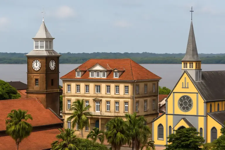 Fachadas coloniais das Guianas cercadas por vegetação tropical e rio ao fundo