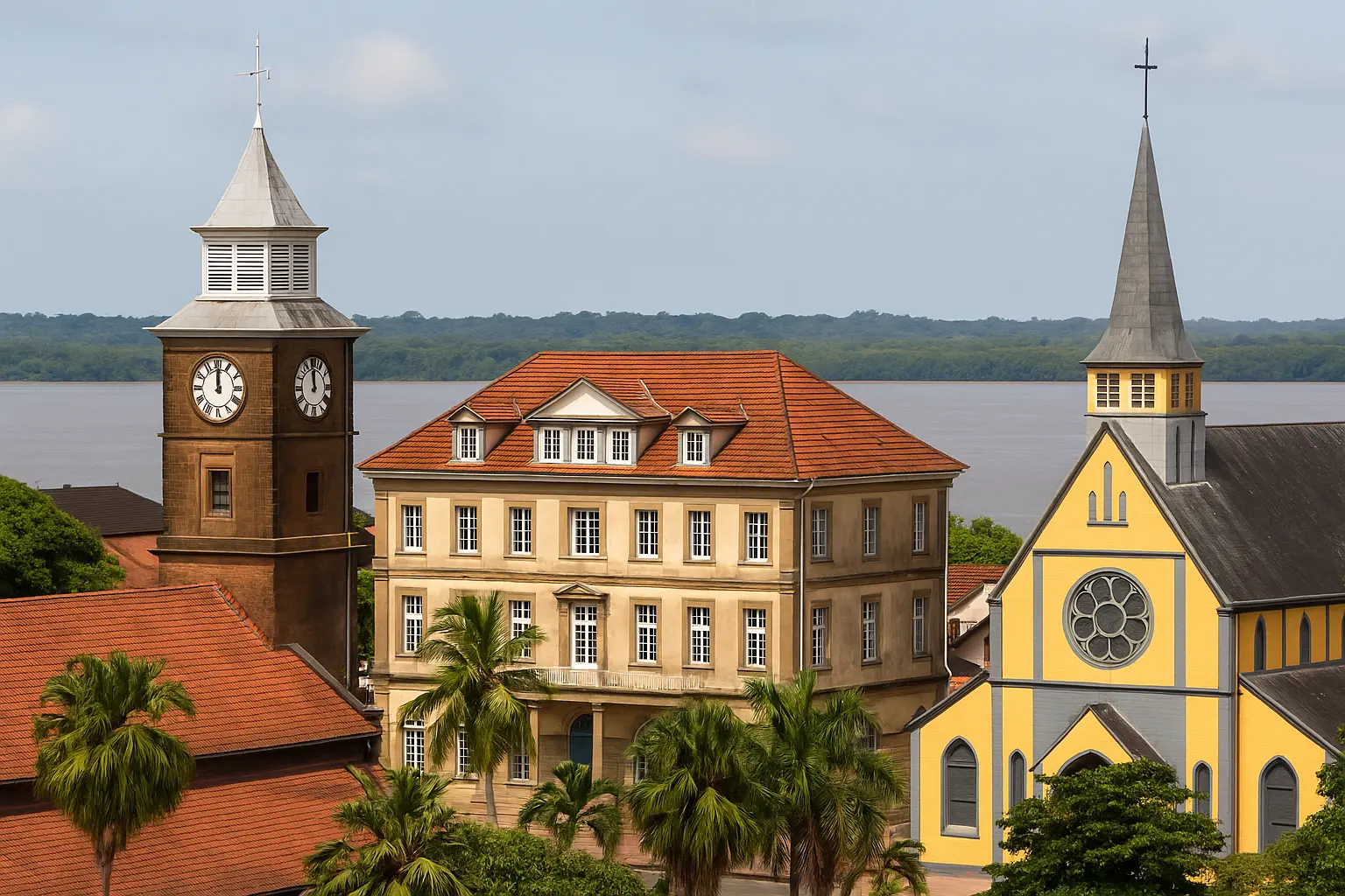 Fachadas coloniais das Guianas cercadas por vegetação tropical e rio ao fundo