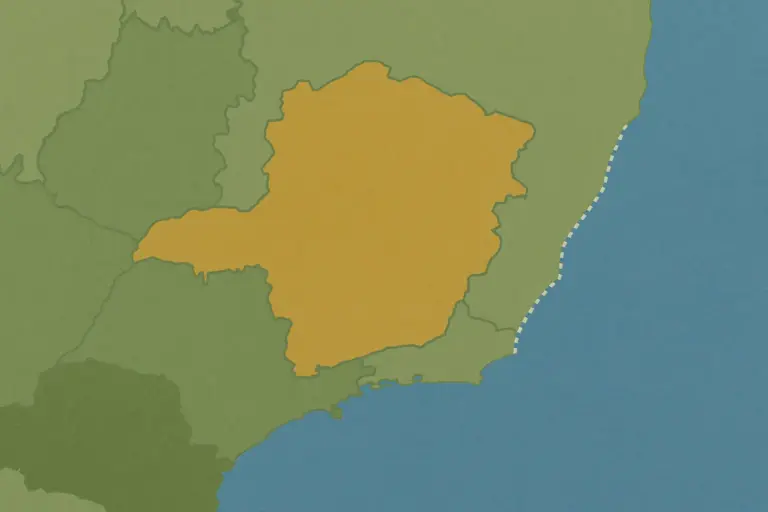 Mapa minimalista do Sudeste do Brasil mostrando Minas Gerais em destaque dourado, cercada por estados litorâneos e o Atlântico azul
