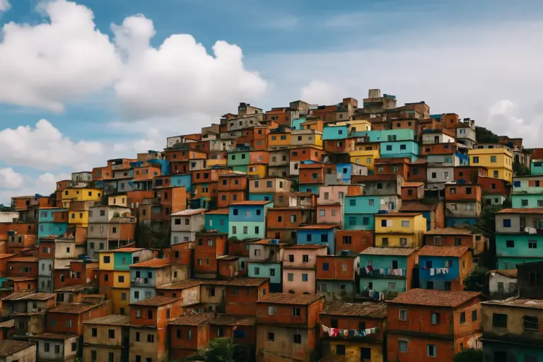 Vista de uma comunidade em morro, com casas coloridas agrupadas sob céu parcialmente nublado, refletindo a densidade urbana e os desafios sociais