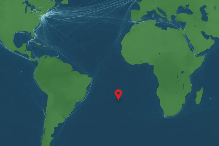 Mapa global destacando rotas marítimas e o Ponto Nemo, localizado no centro do Pacífico Sul, marcado com ícone vermelho sobre área sem tráfego