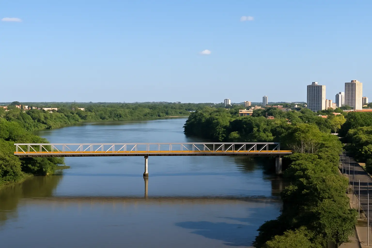 Vista aérea do Rio Parnaíba com ponte e skyline urbano de Teresina, Piauí, em um dia ensolarado com céu azul e vegetação ao redor