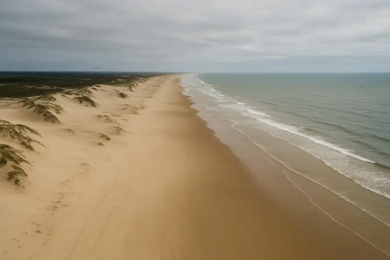 Vista aérea de praia deserta com dunas no litoral do Rio Grande do Sul.