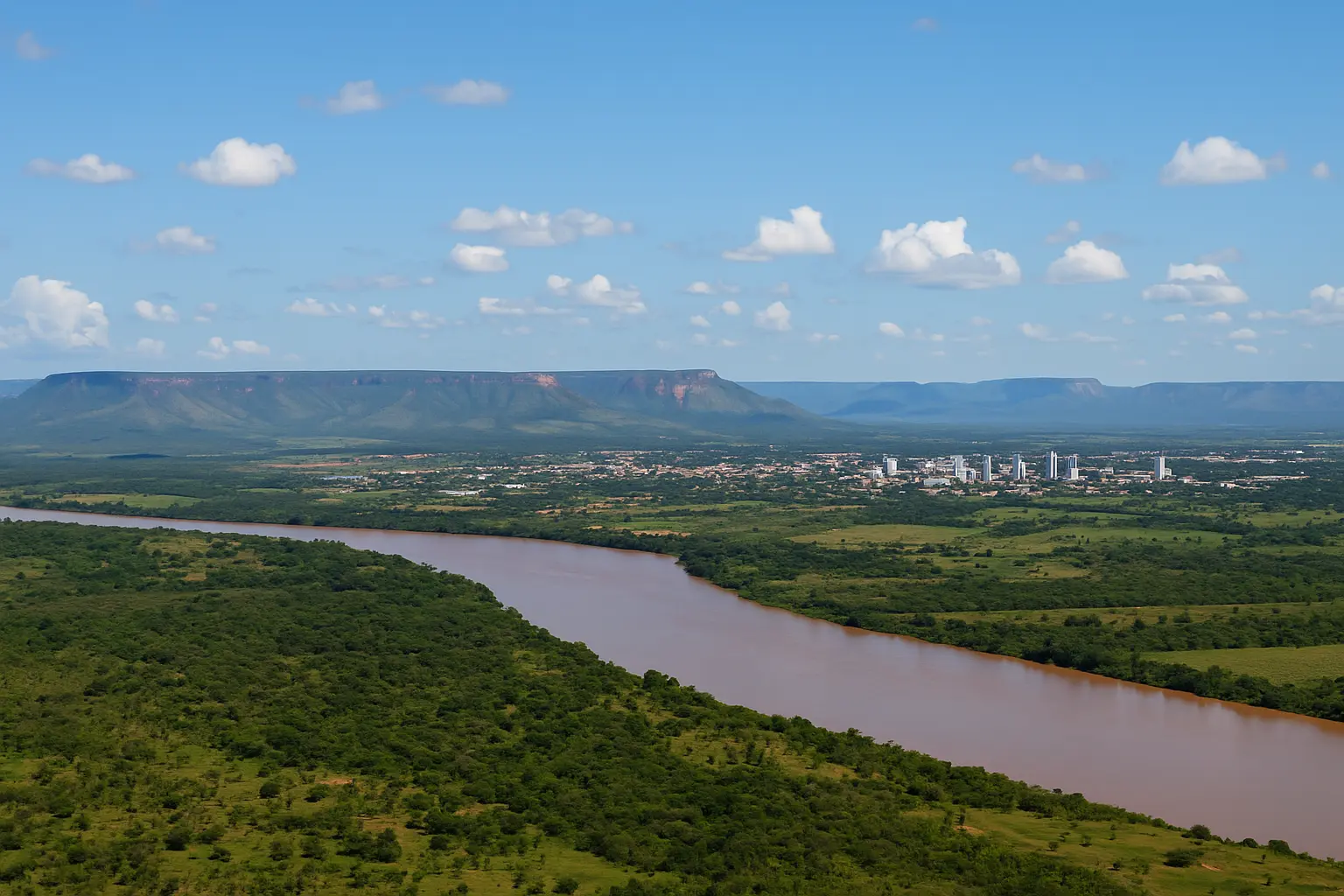 "Vista aérea do Tocantins com o Rio Tocantins em destaque, vegetação do cerrado e a cidade de Palmas ao fundo, cercada por planaltos
