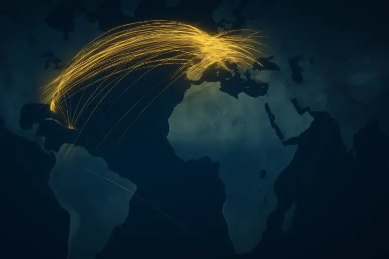 Mapa estilizado destacando rotas aéreas densas no Atlântico Norte e pouquíssimos voos no Atlântico Sul entre Brasil e África