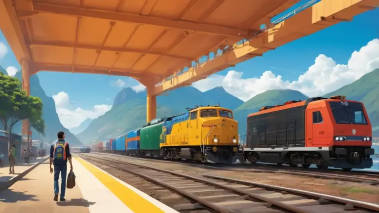 Ilustração das rotas bioceânicas do Brasil, com rodovias e ferrovias cruzando paisagens do Centro-Oeste até portos no Pacífico, com caminhões, trens e montanhas dos Andes.